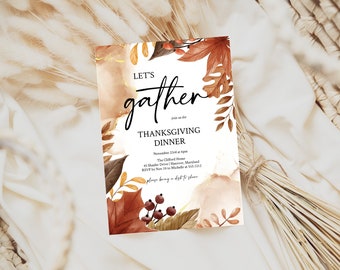 Let's Gather Thanksgiving Dinner Invitation Template,  Friendsgiving Invitation, Editable Thanksgiving Dinner Invitation, Templett