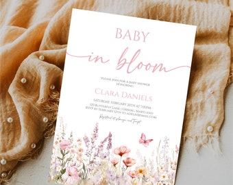 Editable Wildflower Baby in Bloom Shower Invitation, Boho Baby Shower Invitation, Wildflower Baby Shower Digital Invitation e733