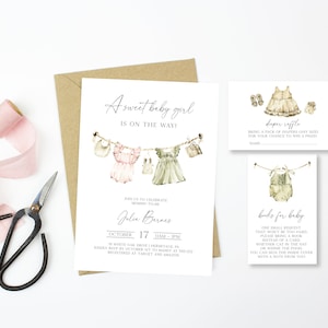 Editable Girl Baby Shower Invitation Bundle, Boho Baby Shower Invitation, Templett Instant Download, Girl Baby Clothes Shower Invite, e707