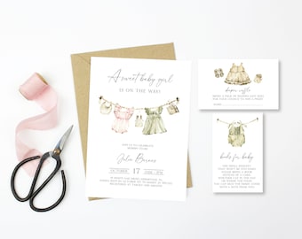Editable Girl Baby Shower Invitation Bundle, Boho Baby Shower Invitation, Templett Instant Download, Girl Baby Clothes Shower Invite, e707
