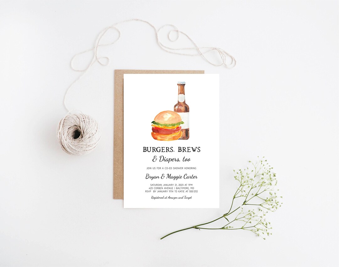Burgers Brews and Diapers Baby Shower Invitation Instant Etsy