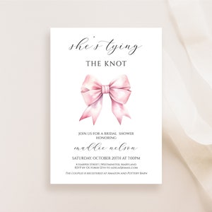 She&#39;s Tying the Knot Bridal Shower Invitation Instant Download, Minimalist Pink Bow Bridal Shower Invite, Bow text invitation