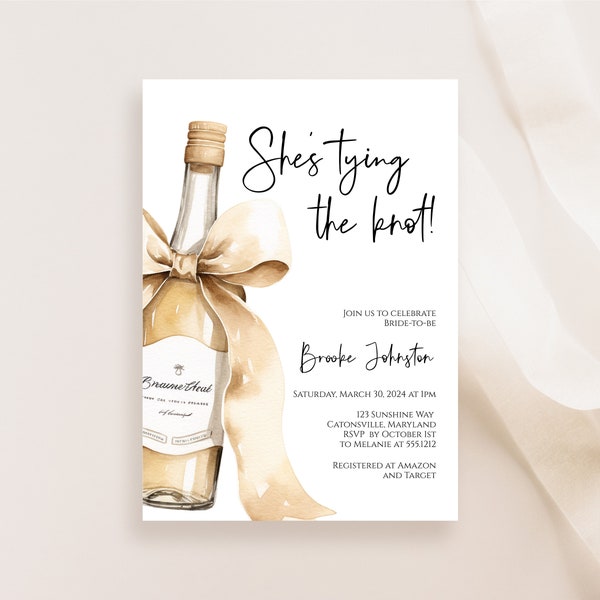 She's Tying the Knot Bridal Shower Invitation Instant Download, Champagne Brunch Bridal Shower Invite, Bow text invitation
