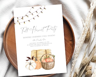 Autumn Harvest Party Invitation, Instant Download, Editable, Backyard Bonfire Invite, Fall Birthday Party Invitation, hayride invite, e608