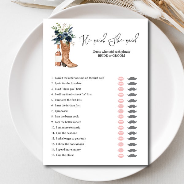 He Said She Said Game Template, Boots and Brews, Editable Bridal Shower Game, Instant Download, Templett, E593