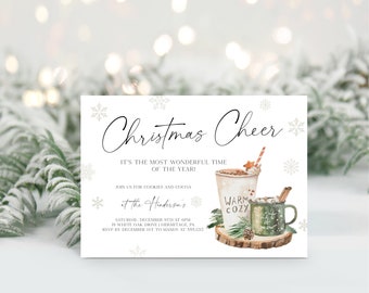 May include: A white Christmas party invitation with a watercolor illustration of a mug of hot cocoa and a glass of hot chocolate. The text reads "Christmas Cheer" and "It's the most wonderful time of the year!"  Join us for cookies and cocoa at the Henderson's. Saturday, December 9th at 6pm. 19 White Oak Drive, Hermitage, PA. RSVP by December 1st to Mandy at 555.1212.