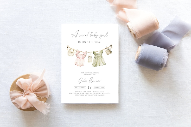 Editable Girl Baby Shower Invitation, Boho Baby Shower Invitation, Templett Instant Download, Girl Baby Clothes Shower Invite, e707 