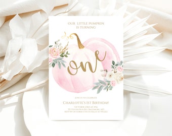 May include: Pink watercolour pumpkin with gold glitter accents and floral details. The pumpkin says "one" in gold glitter lettering. The text on the invitation reads "Our little pumpkin is turning one. Join us to celebrate Charlotte's 1st birthday. October 23rd at 1pm. 31 Oyster Run Rd, Baltimore, MD. RSVP by October 17th to Kelly at 555-1212."