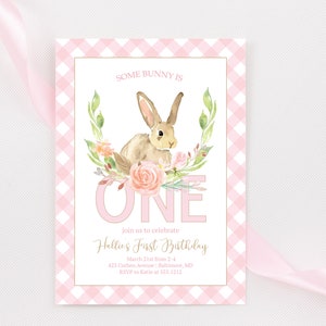 Pink Floral Bunny First Birthday Party Invitation for a girl, Instant Download, Editable, Bunny Birthday Party invite for girl, e410