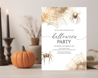 Spider Halloween Party Invitation, Editable Spider Web Birthday Party Invitation, Templett, Halloween Party Invite Template