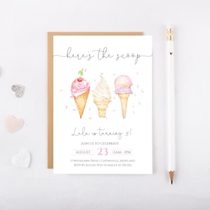 Girl Ice Cream Birthday Party Invitation, Here's the Scoop Birthday Party Invitation, Girl Summer Birthday Party Invitation, e580