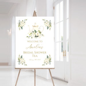 White Bridal Shower Tea Party Welcome Sign,  Printable Bridal Shower Sign, Editable Baby Tea party Sign, Instant Download, L562