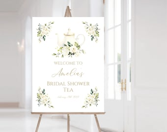 White Bridal Shower Tea Party Welcome Sign,  Printable Bridal Shower Sign, Editable Baby Tea party Sign, Instant Download, L562