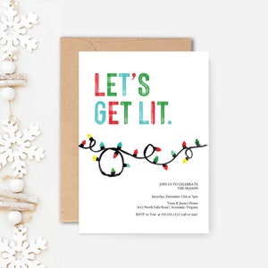 Let&#39;s get lit Christmas Party Invitation, Instant Download, Templett, Editable Christmas Cocktail Party Invitation Template, Digital Invite