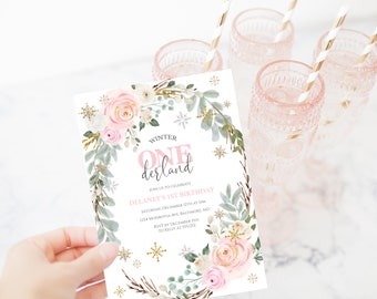Winter Woodland First Birthday Party Invitation, Pink Snowflake birthday party invitation, girl winter Birthday Party Invitation, E771