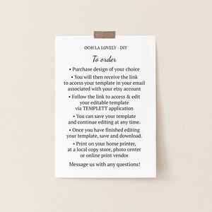 May include: A white paper with instructions for ordering a DIY template, attached to a beige surface with tape. The text details steps for purchasing, accessing, editing, and printing the template. The top of the paper reads "OOH LA LOVELY - DIY".