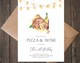 Pizza and Wine Birthday Party Invitation, Instant Download, Editable, Pizza Engagement Party Invite, e595