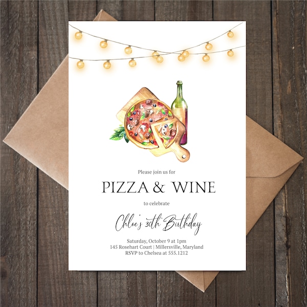 Faire-part d'anniversaire pizza et vin, téléchargement immédiat, modifiable, invitation à une fête de fiançailles pizza, e595