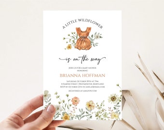 Invitación editable de baby shower de pequeñas flores silvestres, invitación de baby shower boho, descarga instantánea de Templett, invitación de ropa de bebé