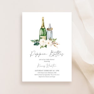 Poppin Flaschen-Babyparty-Einladung, sofortiger Download, bearbeitbare Vorlage, Gender Neutral Champagner-Dusche-Einladungspaket, e731