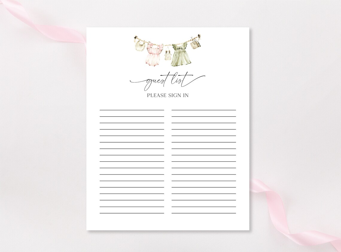 Girl Baby Shower Guest List Printable Sheet, Baby Clothes Shower Guest