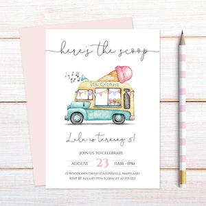 Girl Ice Cream Birthday Party Invitation, Here's the Scoop Birthday Party Invitation, Girl Ice Cream Truck Birthday Party Invitation, e581