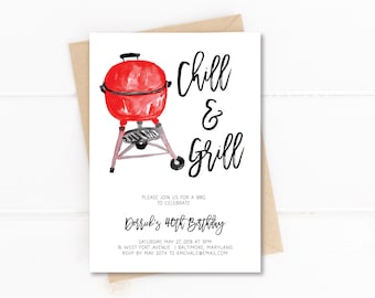 Summer BBQ Invitation, Instant Download, Editable, Chill and Grill Invite, Summer BBQ Birthday Party Invite, Cookout Invite, L443