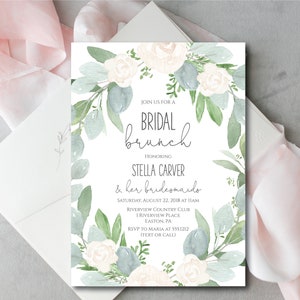 Greenery Bridal Brunch Invitation, Editable, White Floral Bridal Shower Invite, White Roses Bridal Shower Invite, INSTANT DOWNLOAD , e180