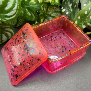 Square Resin Trinket Box - Pink with Black Chunky Holographic Glitter