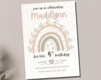 May include: A pink and green rainbow with white stars and a leafy border. The text "join us in celebrating Madilynn for her 4th birthday" is on the invitation. The date is June 24th, the time is 2-5 pm, and the location is 1234 Anywhere Street, Summerville, SC. RSVP to Sarah at 123-456-7890.