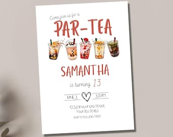 Par-Tea Tea Party Invitation, Editable Party Invitation, Boba Bubble Digital Invitation Template Download, Teen Party, Tween Birthday