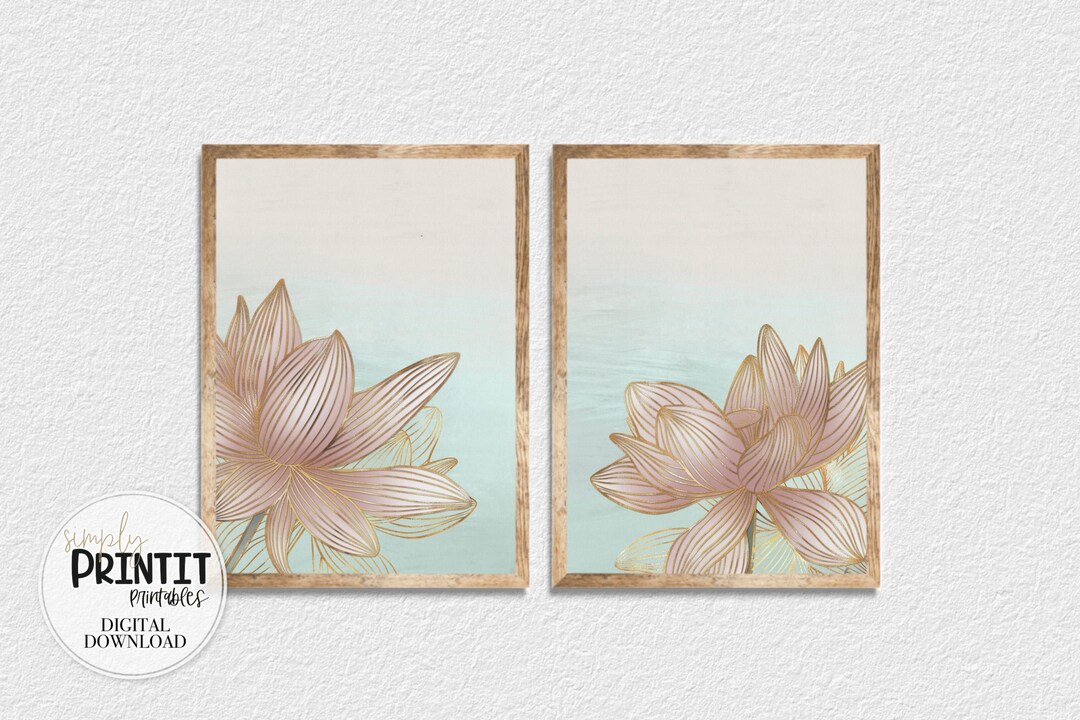 Lotus Flower Wall Art Prints, Golden Lined Lotus Poster Set, Botanical ...