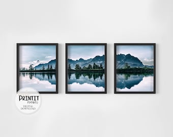 Mountain Wall Art Set of 3 – Abstract Landscape Triptych, Lake House Decor, Digital Download, Printable Multi Piece Wall Art, Vacation Home