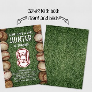 May include: Baseball-themed birthday party invitation with a green grass background. The invitation features a large red number 9 with white stitching, surrounded by baseballs. The text reads "Come have a ball Hunter is turning 9". The game plan is listed below with the date, time, and location.