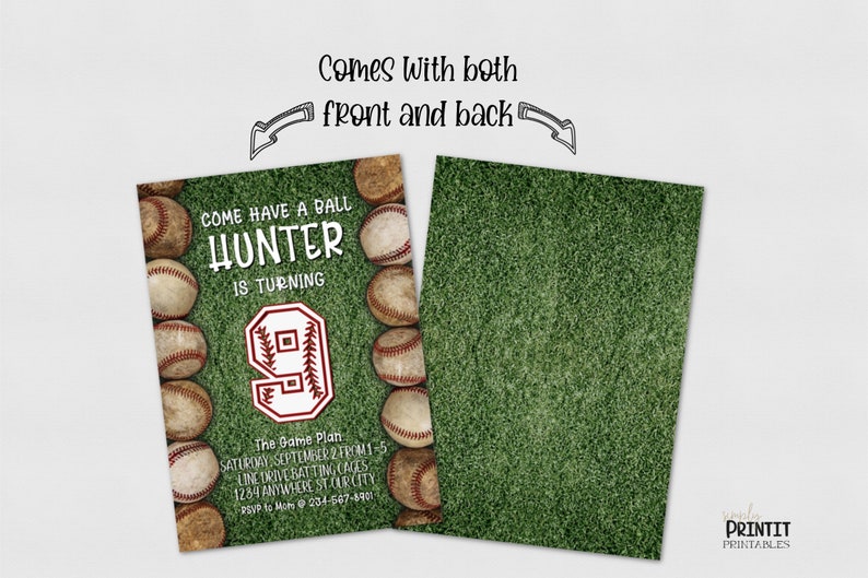 May include: Baseball-themed birthday party invitation with a green grass background. The invitation features a large red number 9 with white stitching, surrounded by baseballs. The text reads "Come have a ball Hunter is turning 9". The game plan is listed below with the date, time, and location.