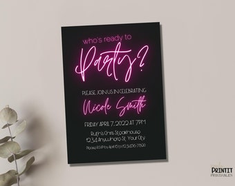 Neon Party Invitation Template – Digital Download, Editable Glow Birthday Invite for Teens or Adults, Printable Neon Lights Invitation