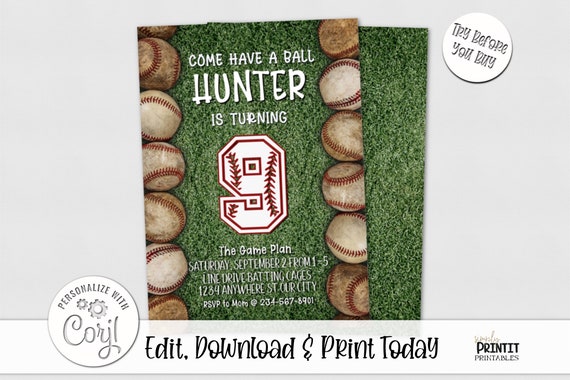 Baseball Birthday Invitation - Editable Baseball Invitation, Baseball Invitation, Baseball Party Invite Corjl