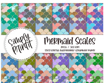 Digital Paper, PRINTABLE Mermaid Scrapbook Paper, Mermaid Scales Seamless Background Pattern, 12x12 Printable Scrapbook Paper
