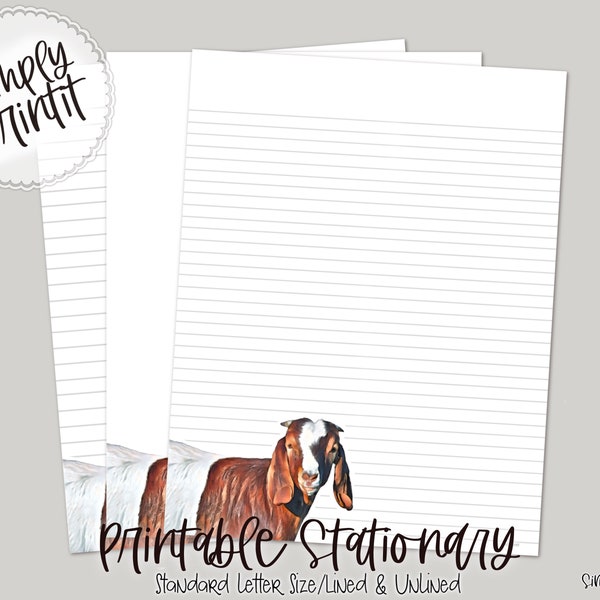 Printable Stationery, Digital Stationary, Goat Writing Paper, Farm Animal Stationery Paper, Thank You Letters, Lined Unlined Letter Paper