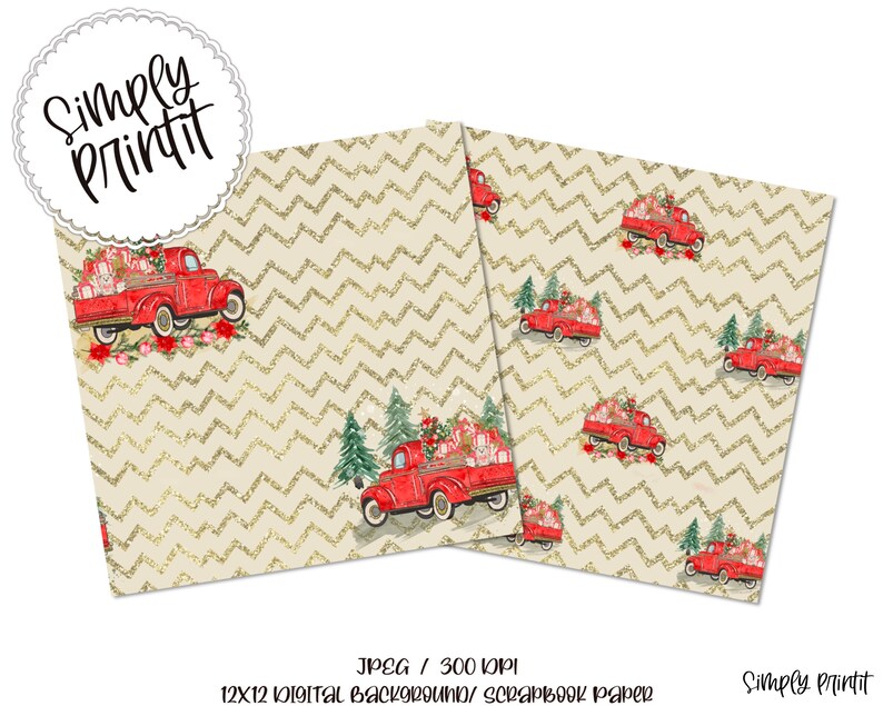 Digital Paper, PRINTABLE Red Truck Printable Scrapbook Paper, Seamless Background Pattern, 12x12 ...