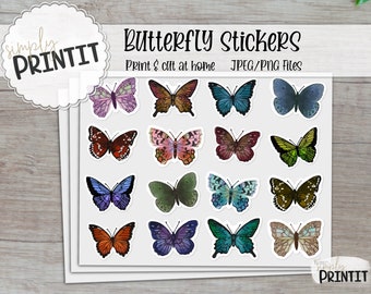 Printable Butterfly Sticker Bundle, Colorful Butterfly Vinyl Stickers, PNG Cricut Silhouette Printable Sticker Sheet, Print and Cut Stickers