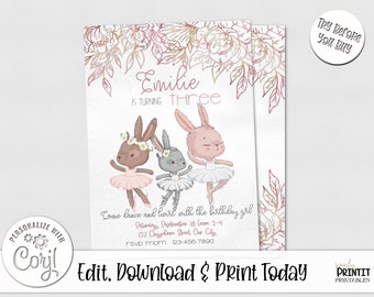Invitations - Ballerina Invitation, Ballerina Birthday Invitation, Ballerina Template Download, Digital File, Corjl Invitation