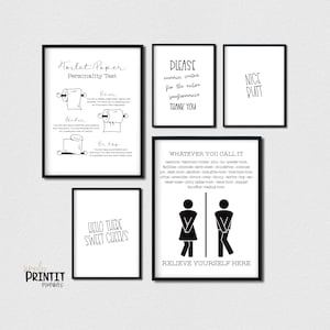 Funny Bathroom Signs, Restroom Sign, Funny Bathroom Art, Wall Art Set, Black and White Wall Art, Half Bathroom Wall Decor, Digital Prints