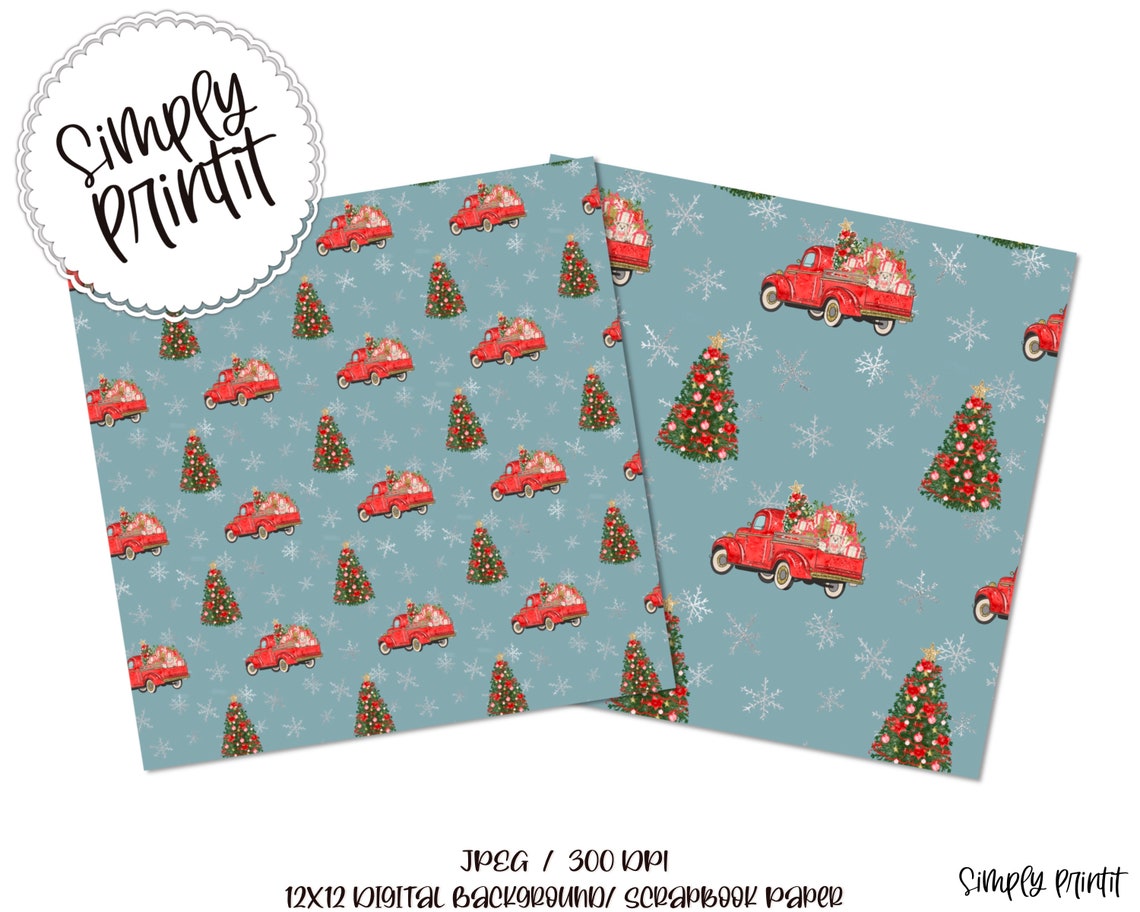 Digital Paper, PRINTABLE Red Truck Printable Scrapbook Paper, Seamless Background Pattern, 12x12 ...