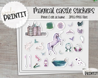 Printable Magical Castle Sticker Bundle, Mystical Vinyl Stickers, PNG Cricut Silhouette Printable Sticker Sheet, Print and Cut Stickers