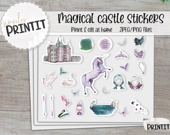 Afdrukbare Magische Kasteel Sticker Bundel, Mystieke Vinyl Stickers, PNG Cricut Silhouette Afdrukbare Sticker Sheet, Print en Cut Stickers