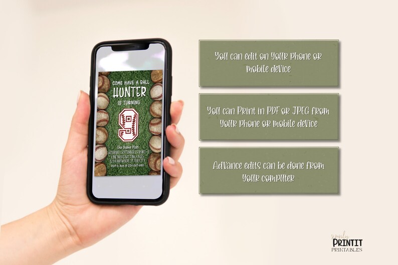 May include: A digital invitation for a baseball-themed birthday party. The invitation features a green baseball field with a baseball and the number 9. The text on the invitation reads "Come have a ball Hunter is turning 9".