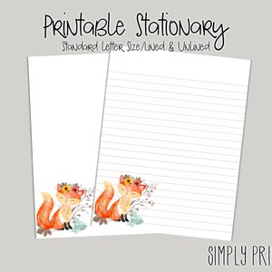 Papier de papeterie, Cute Fox Imprimable Stationary, A4 Stationary, Digital Paper Instant Download