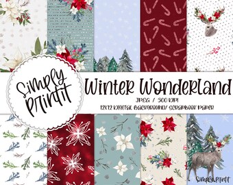 Digital Paper, PRINTABLE Winter Scrapbook Paper, Christmas Seamless Background Pattern, 12x12 Printable Scrapbook Paper -Winter Wonderland