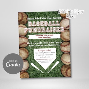 Editable Flyer Template, EDITABLE Baseball Fundraiser Flyer, School Benefit Fundraiser, Little League Invitation